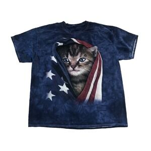 The Mountain Unisex T Shirt Blue Red Dyed Big Face Kitten Cat American Flag XL